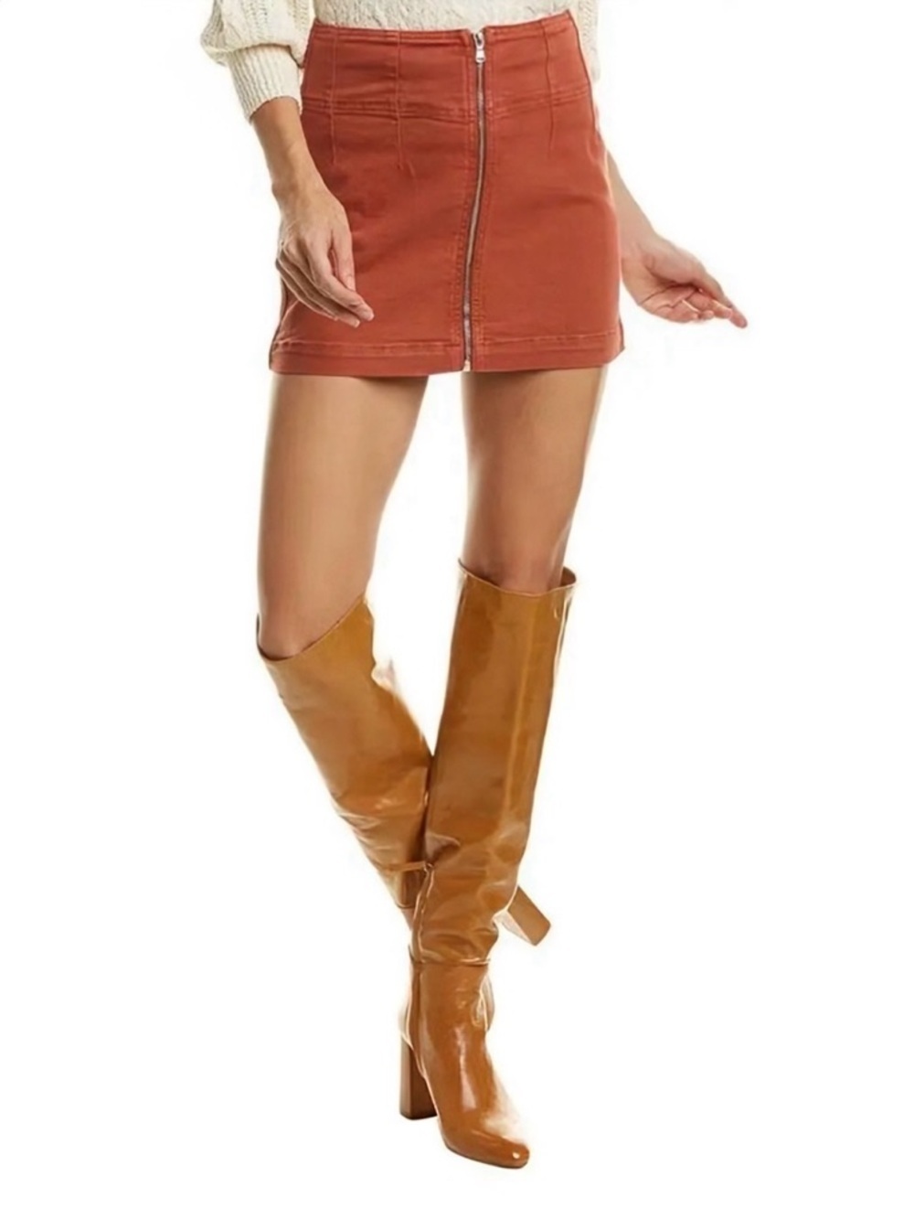 We The Free ‘Virgo’ Zip-Front Stretchy Denim Mini Skirt in “Rust” Orange Size 26